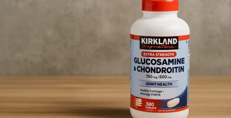 Kirkland Signature Extra Strength Glucosamine & Chondroitin supplement bottle on wooden surface