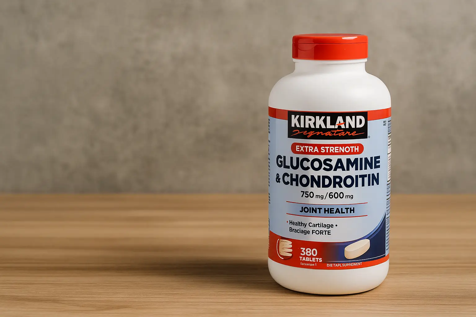 Kirkland Signature Extra Strength Glucosamine & Chondroitin supplement bottle on wooden surface