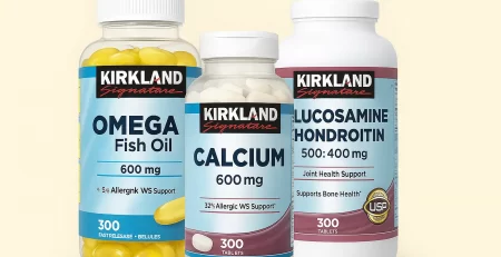 Kirkland Signature supplements from Costco Canada including Omega Fish Oil, Calcium, and Glucosamine Chondroitin on a beige background
