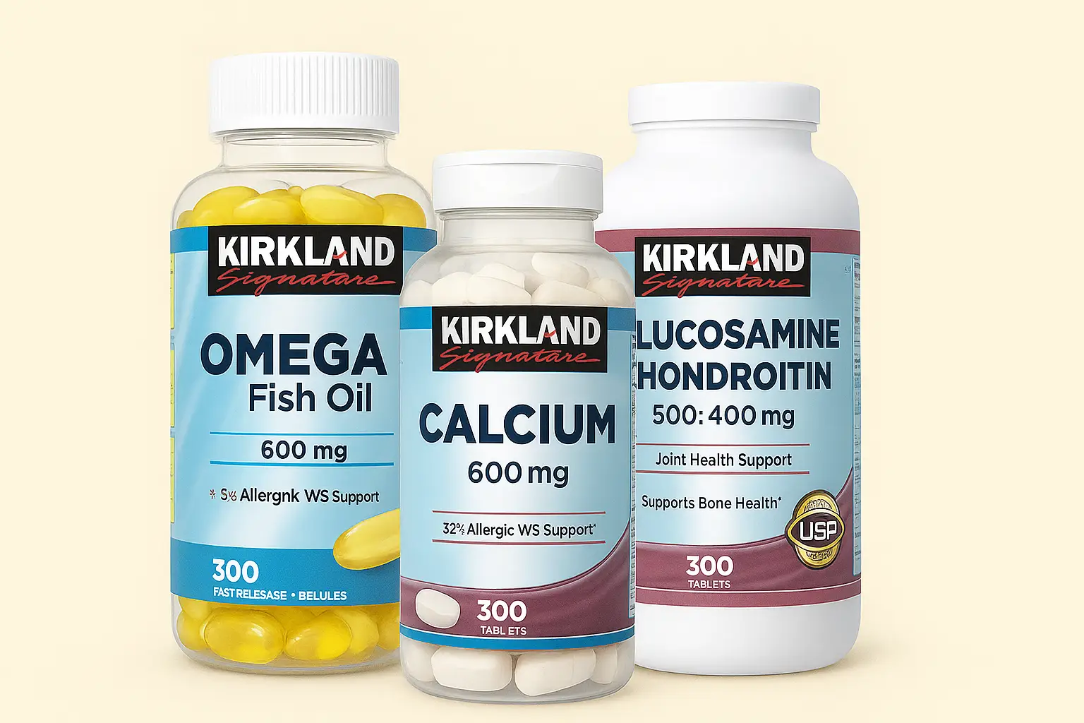 Kirkland Signature supplements from Costco Canada including Omega Fish Oil, Calcium, and Glucosamine Chondroitin on a beige background
