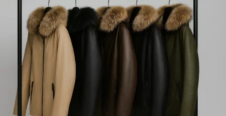 Five Rudsak Canada winter coats on a rack with fur-trimmed hoods