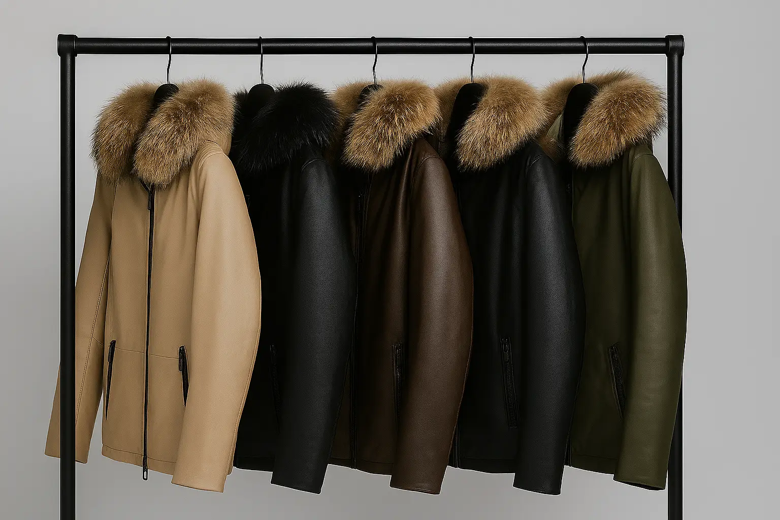 Five Rudsak Canada winter coats on a rack with fur-trimmed hoods