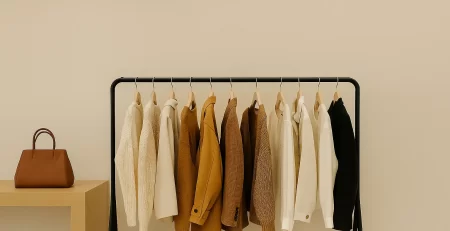 Elegant clothing display with neutral-toned garments and a brown handbag