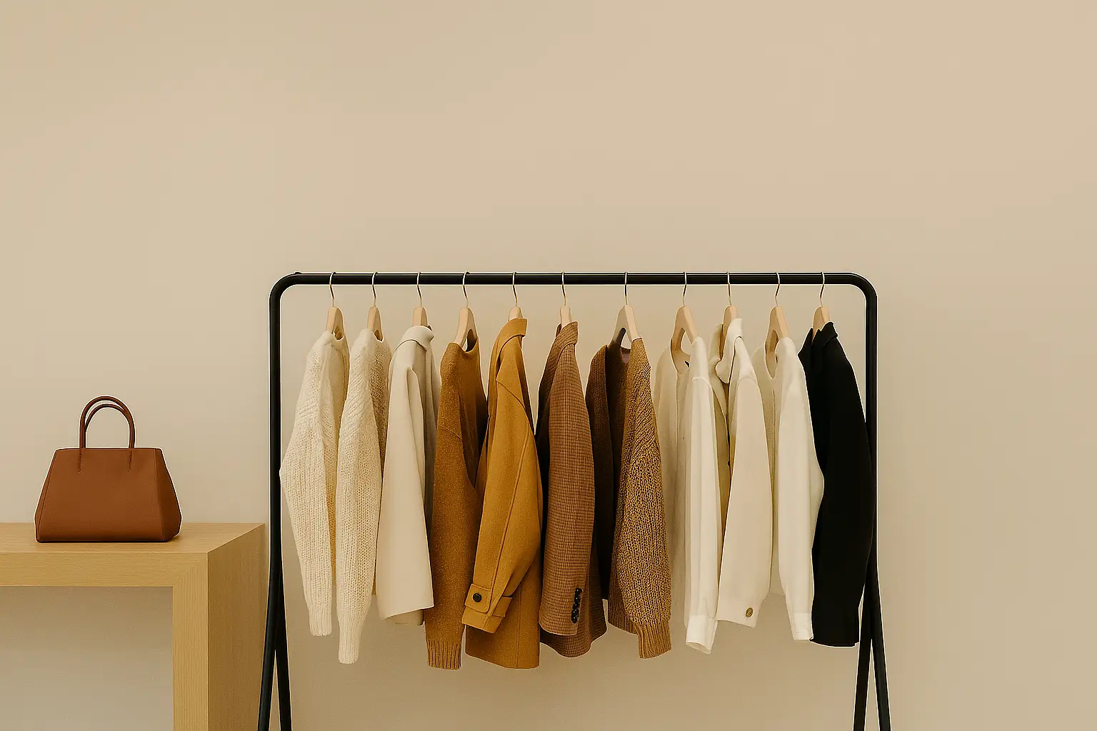 Elegant clothing display with neutral-toned garments and a brown handbag