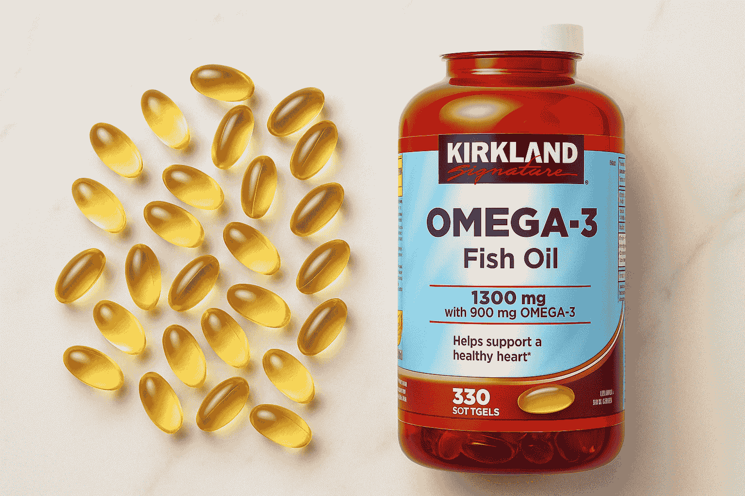 Kirkland Omega-3 Fish Oil 1300 mg 330 softgels from Costco Canada with golden capsules on a neutral background